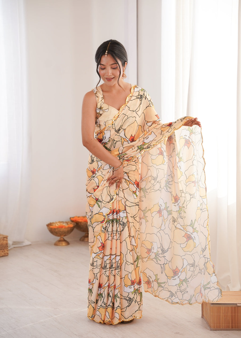 Jyoti Fashion Women's Cream Chinon Digital Printed Designer Saree with Blouse - Distacart