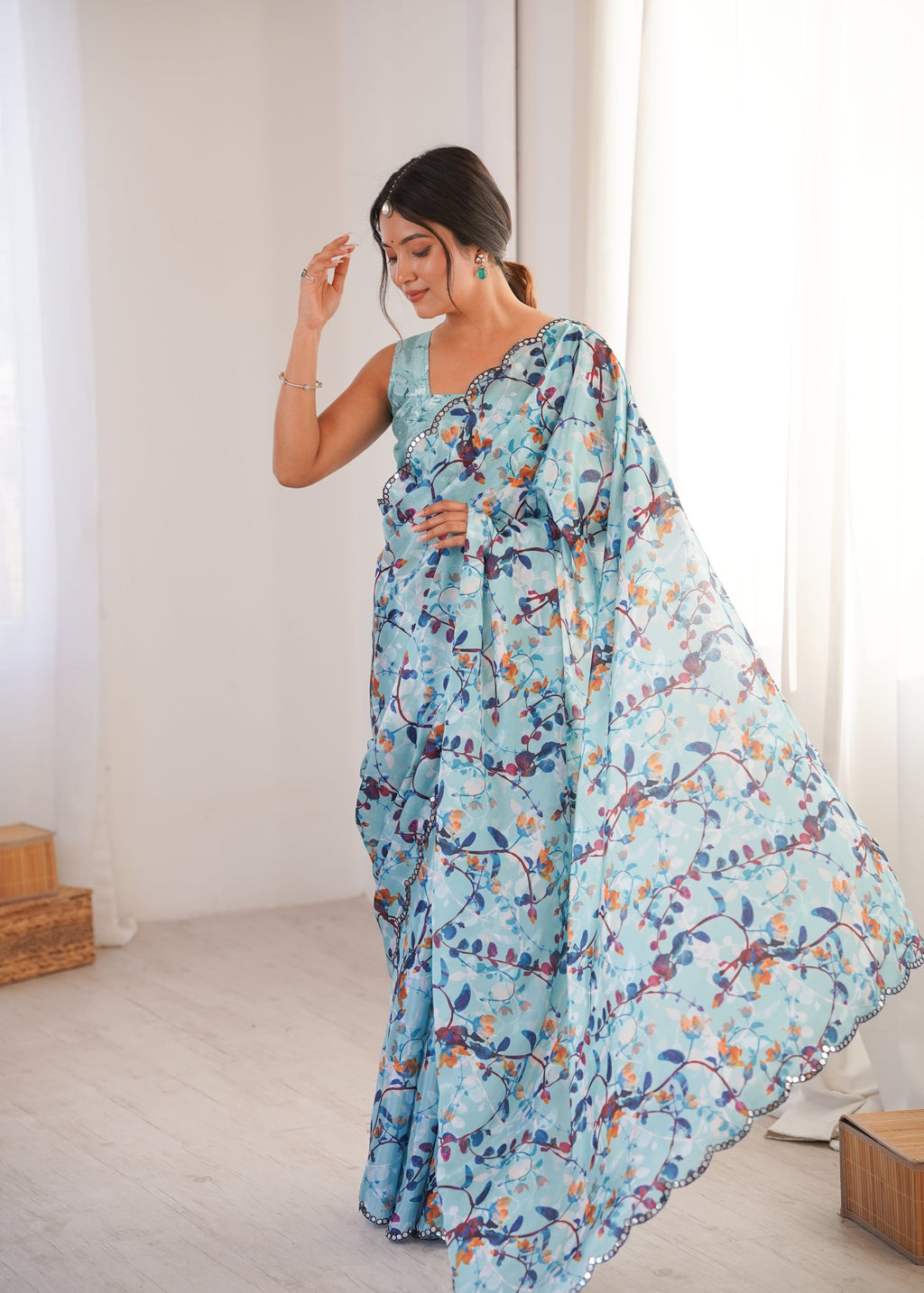 Jyoti Fashion Women's Sky Blue Chinon Digital Printed Designer Saree with Blouse - Distacart