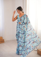 Jyoti Fashion Women's Sky Blue Chinon Digital Printed Designer Saree with Blouse - Distacart