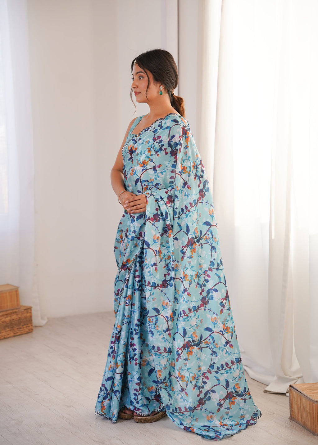 Jyoti Fashion Women's Sky Blue Chinon Digital Printed Designer Saree with Blouse - Distacart