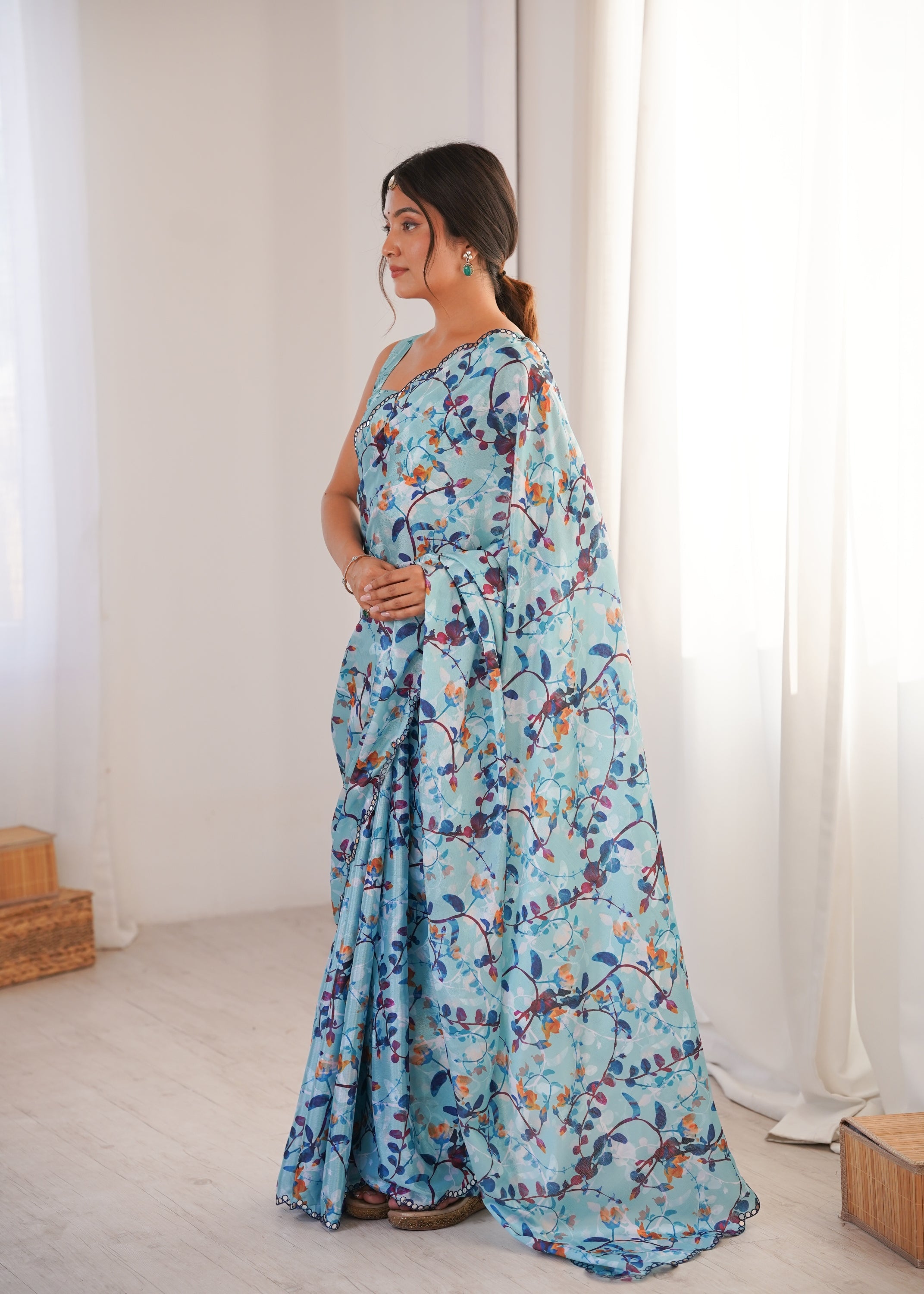 Jyoti Fashion Women's Sky Blue Chinon Digital Printed Designer Saree with Blouse - Distacart