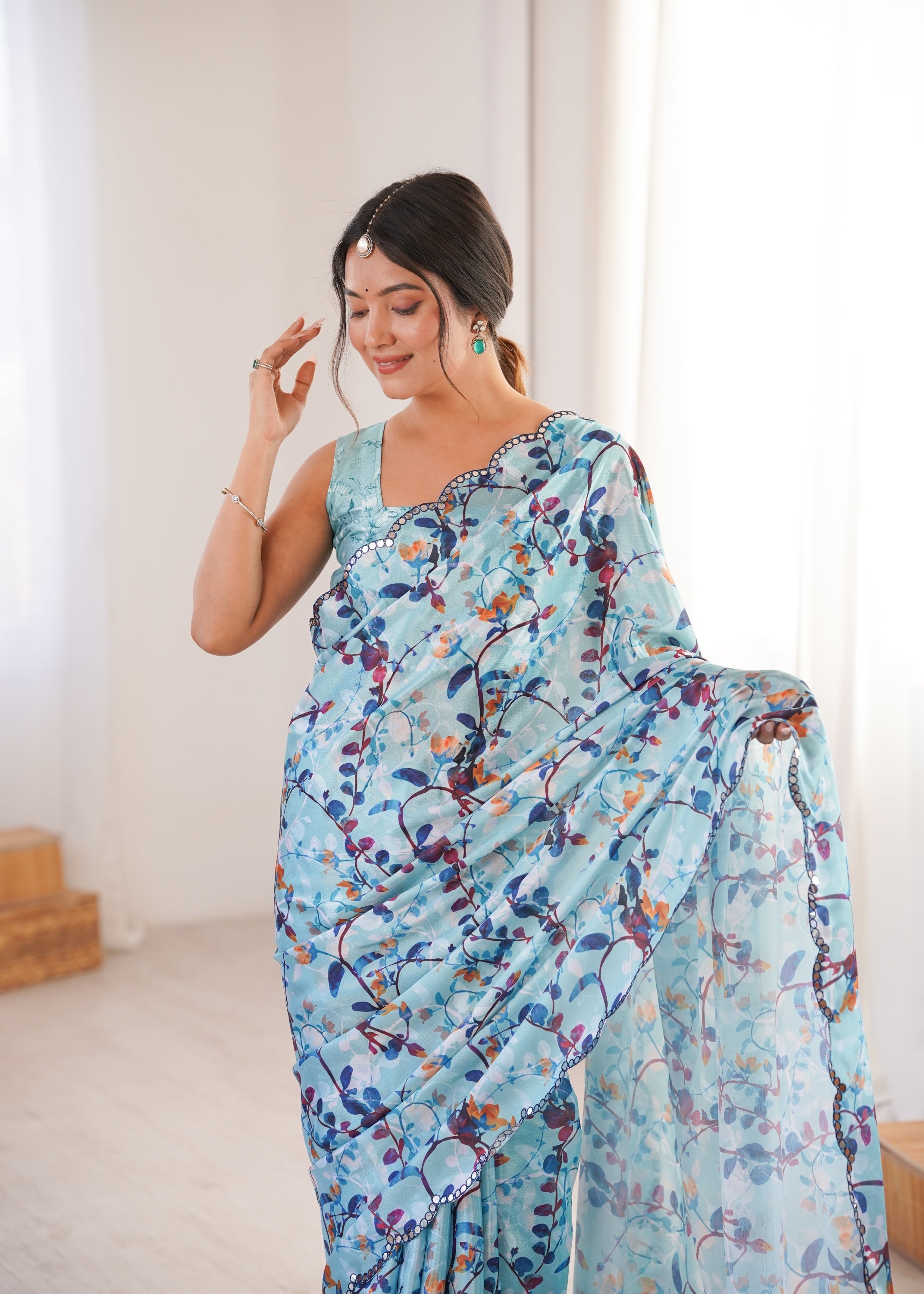Jyoti Fashion Women's Sky Blue Chinon Digital Printed Designer Saree with Blouse - Distacart