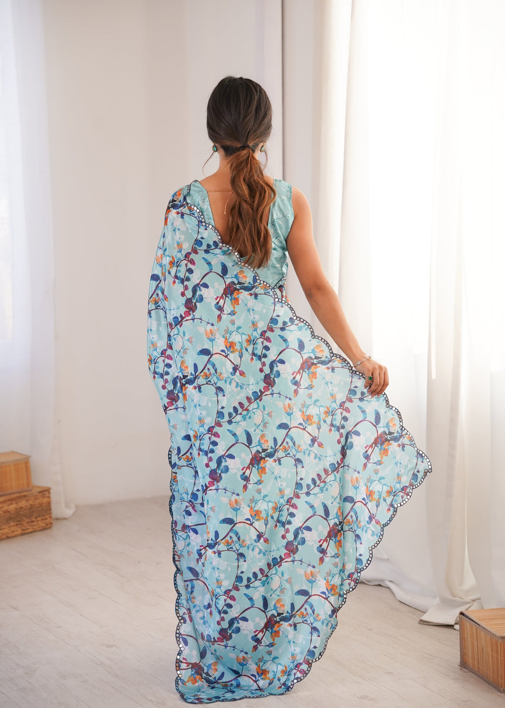 Jyoti Fashion Women's Sky Blue Chinon Digital Printed Designer Saree with Blouse - Distacart