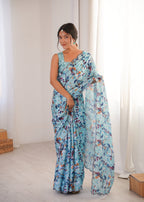 Jyoti Fashion Women's Sky Blue Chinon Digital Printed Designer Saree with Blouse - Distacart