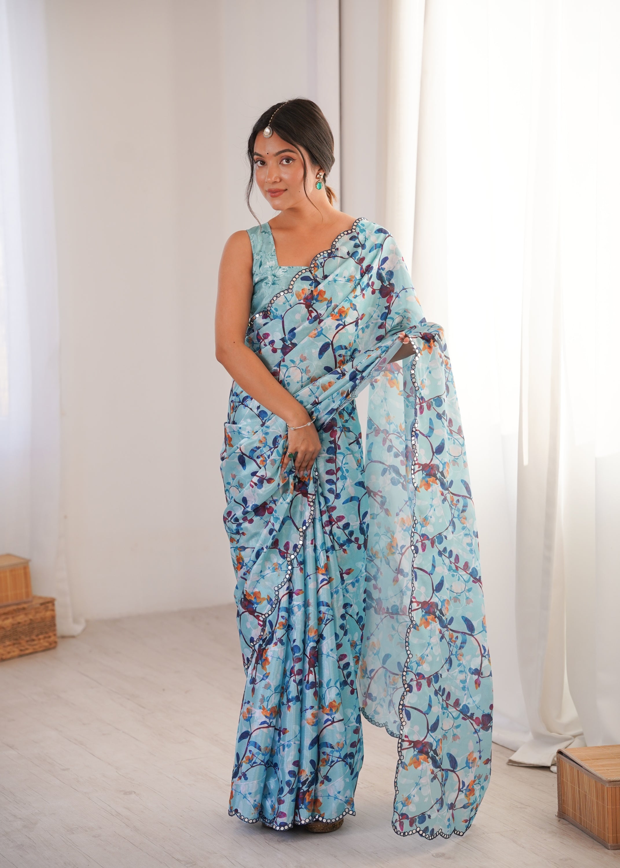 Jyoti Fashion Women's Sky Blue Chinon Digital Printed Designer Saree with Blouse - Distacart