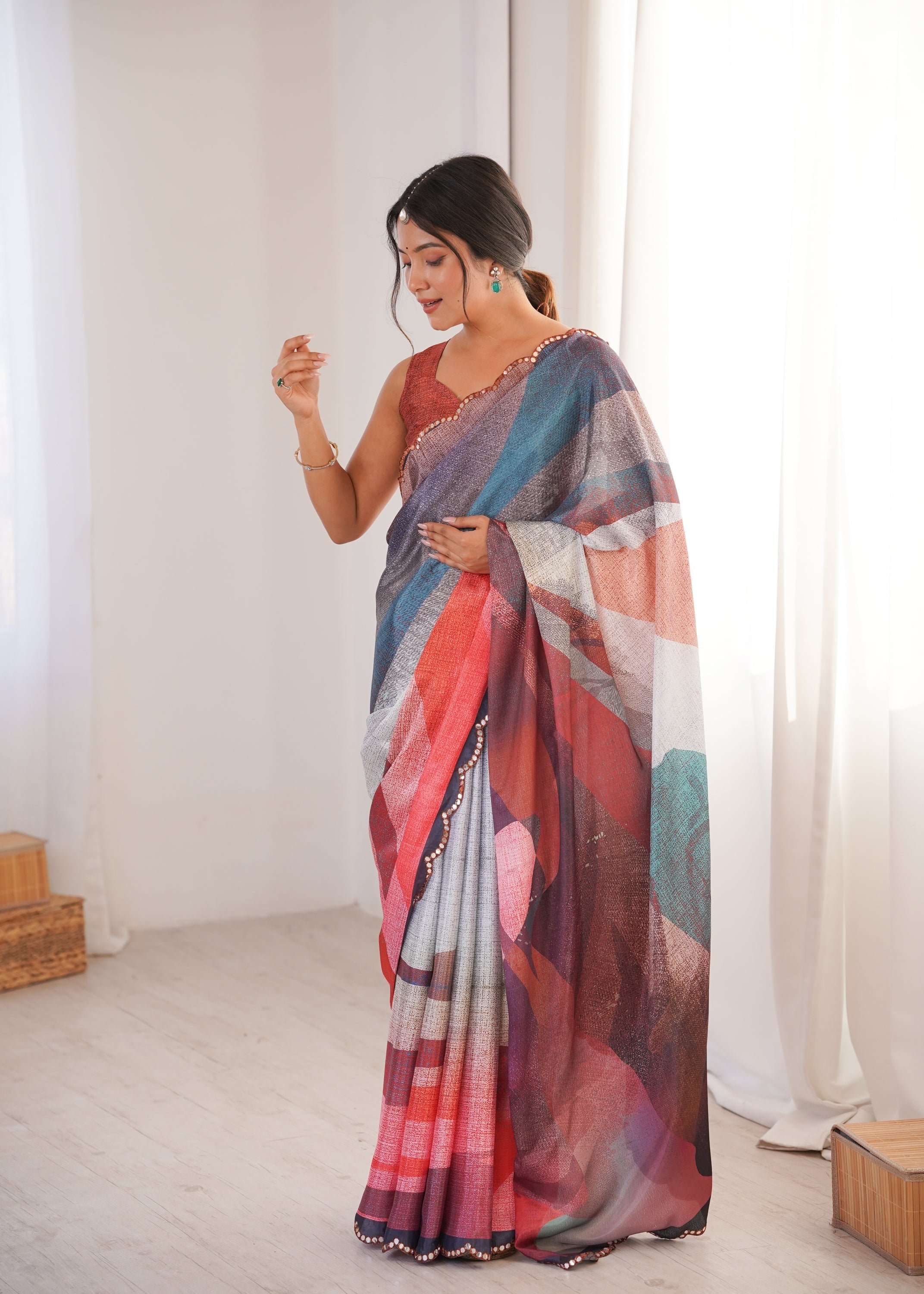 Jyoti Fashion Women's Multicolor Chinon Digital Printed Designer Saree with Blouse - Distacart