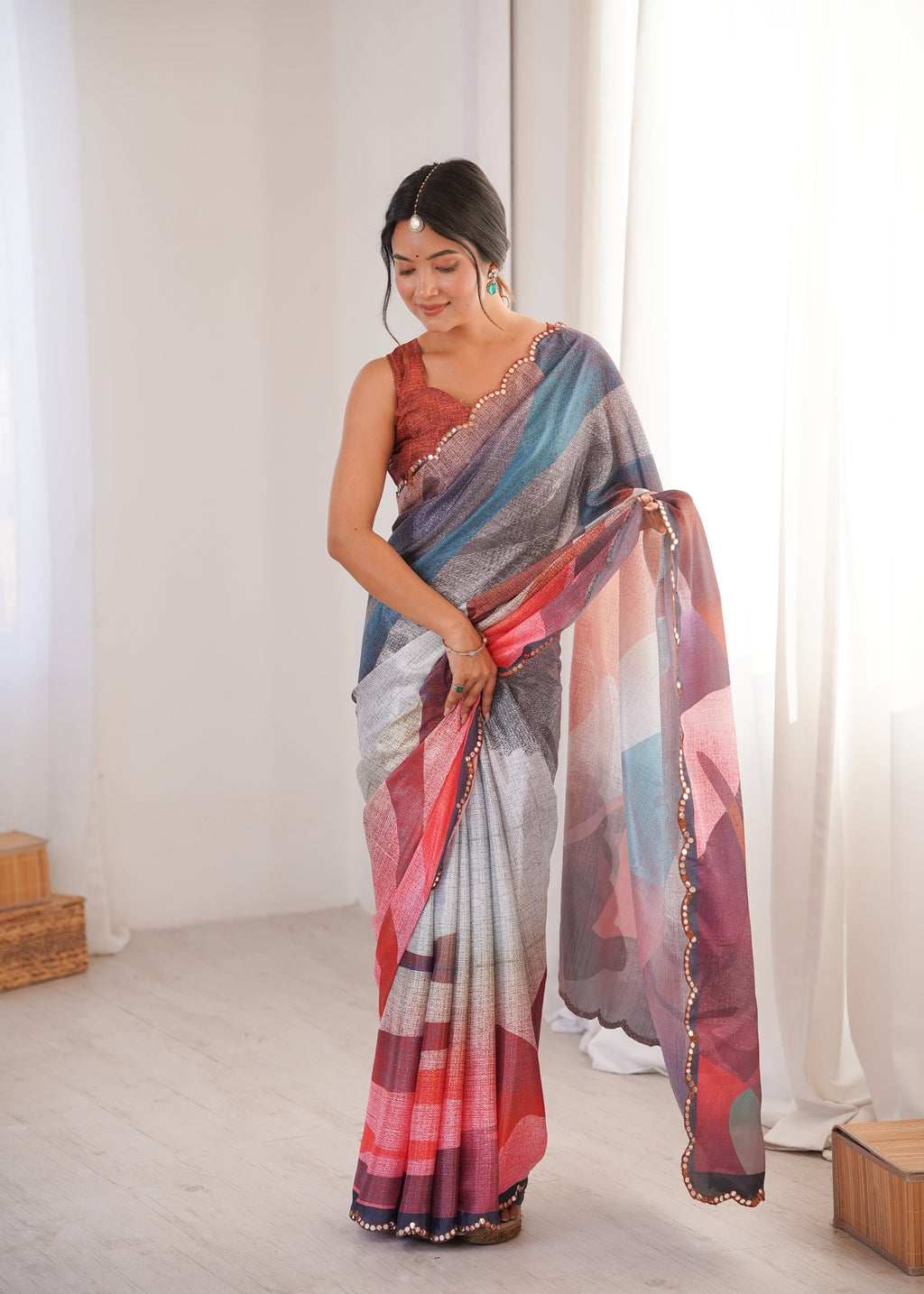 Jyoti Fashion Women's Multicolor Chinon Digital Printed Designer Saree with Blouse - Distacart