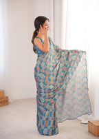 Jyoti Fashion Women's Teal Chinon Digital Printed Designer Saree with Blouse - Distacart