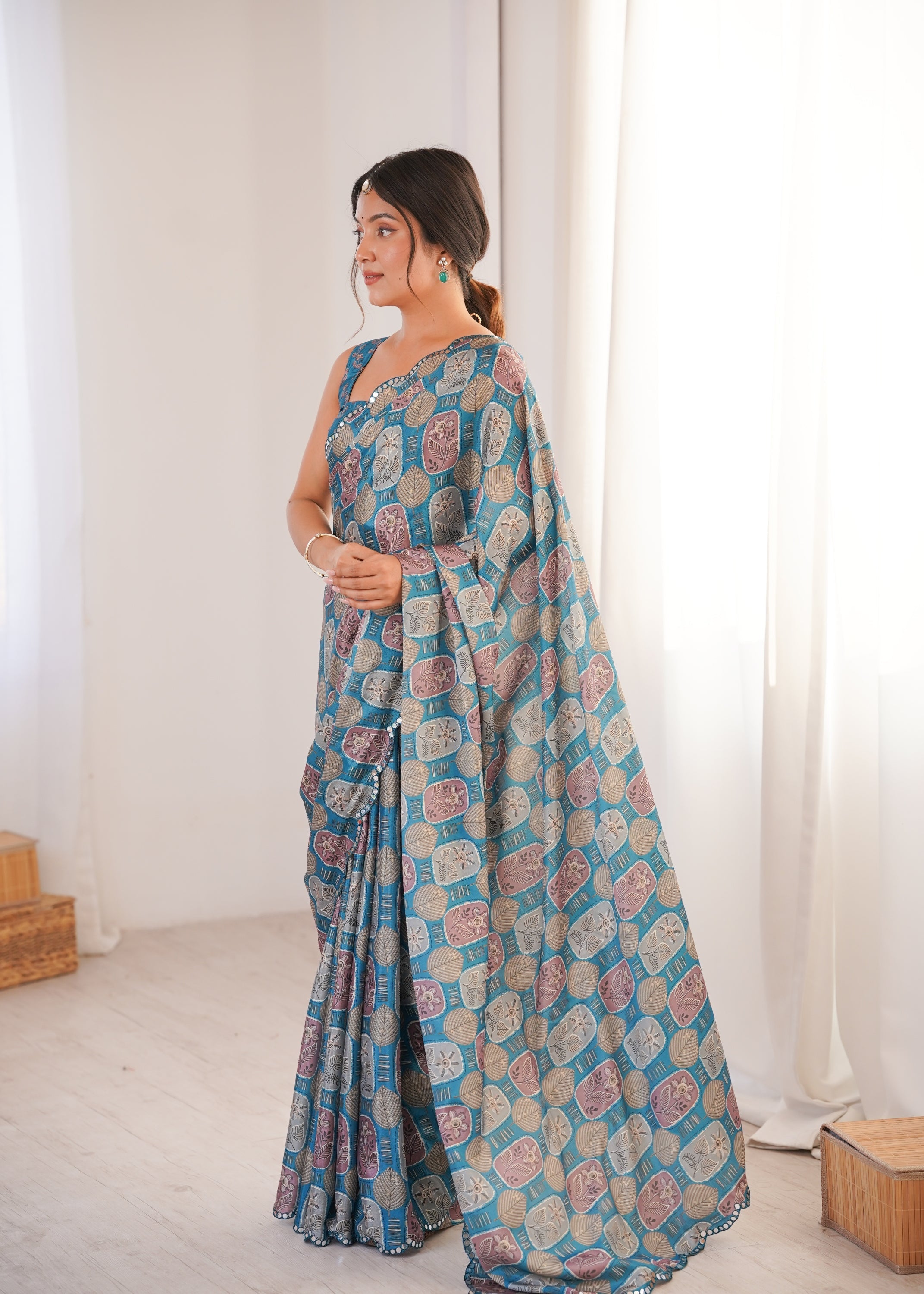 Jyoti Fashion Women's Teal Chinon Digital Printed Designer Saree with Blouse - Distacart
