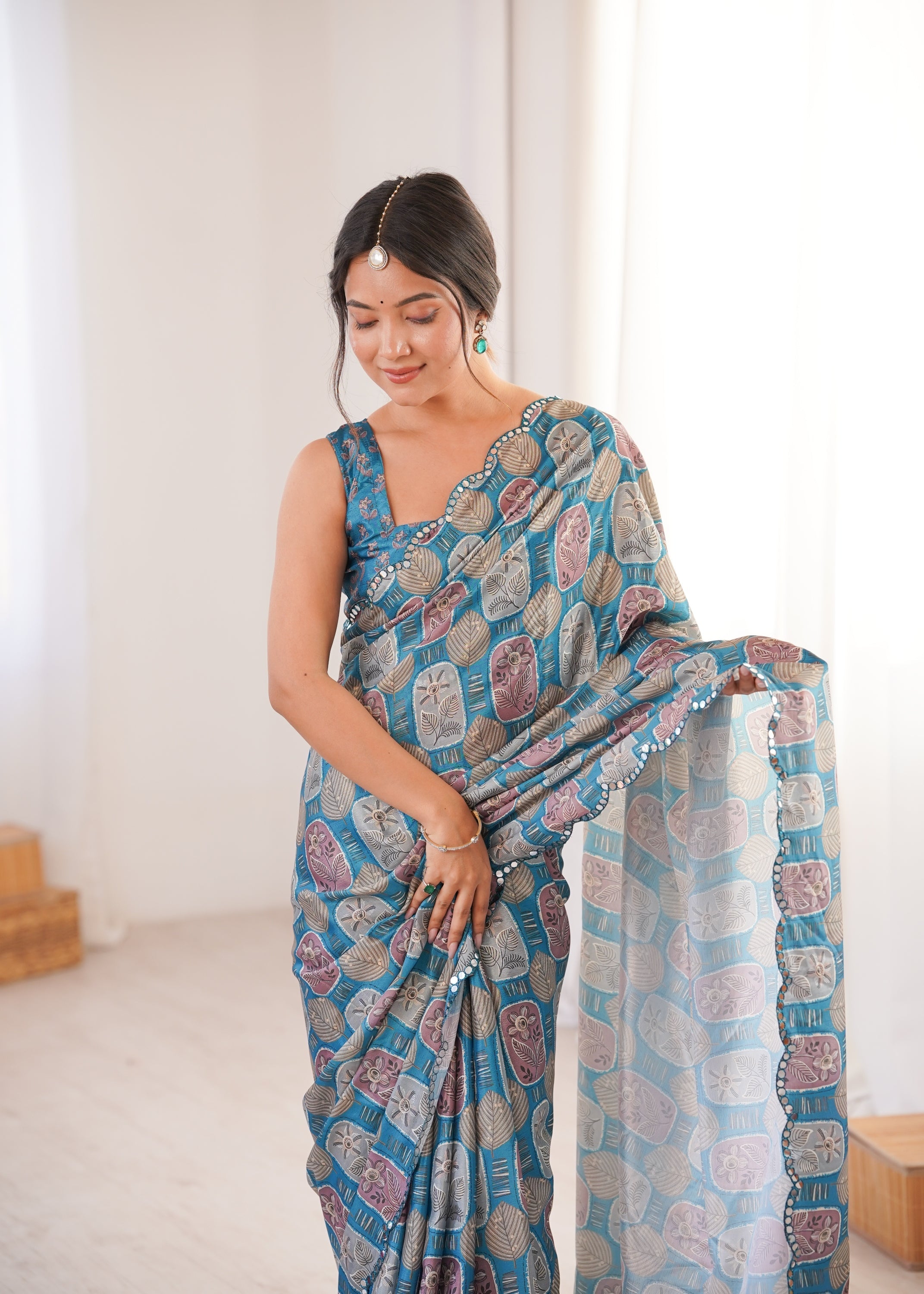 Jyoti Fashion Women's Teal Chinon Digital Printed Designer Saree with Blouse - Distacart