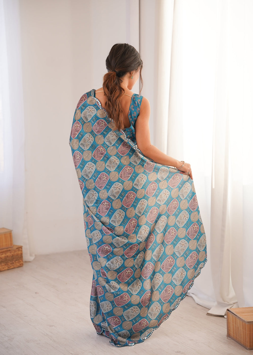 Jyoti Fashion Women's Teal Chinon Digital Printed Designer Saree with Blouse - Distacart