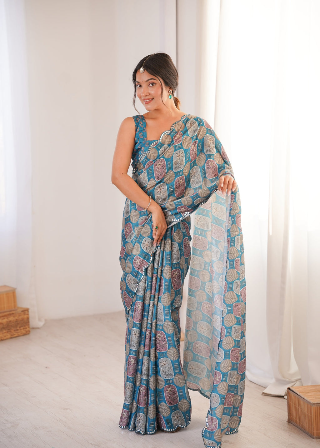 Jyoti Fashion Women's Teal Chinon Digital Printed Designer Saree with Blouse - Distacart