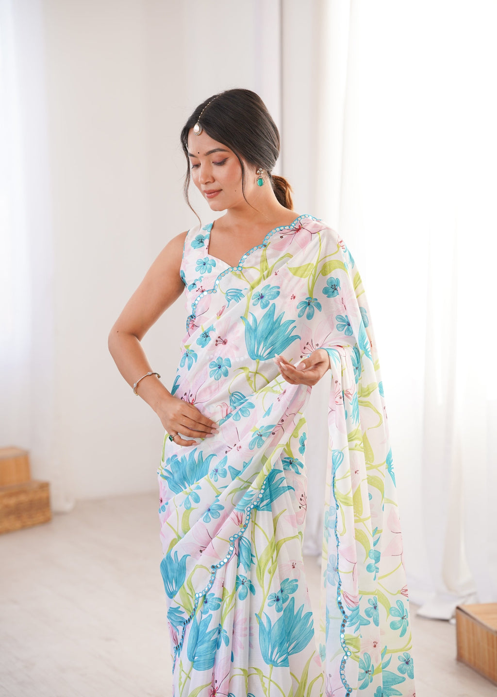 Jyoti Fashion Women's Multicolor Chinon Digital Printed Designer Saree with Blouse - Distacart