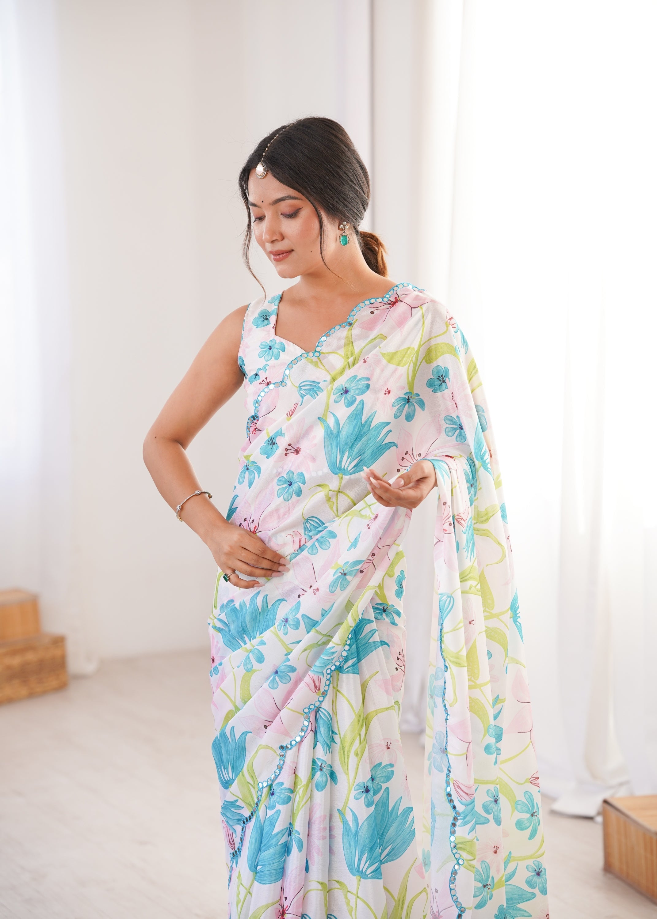Jyoti Fashion Women's Multicolor Chinon Digital Printed Designer Saree with Blouse - Distacart