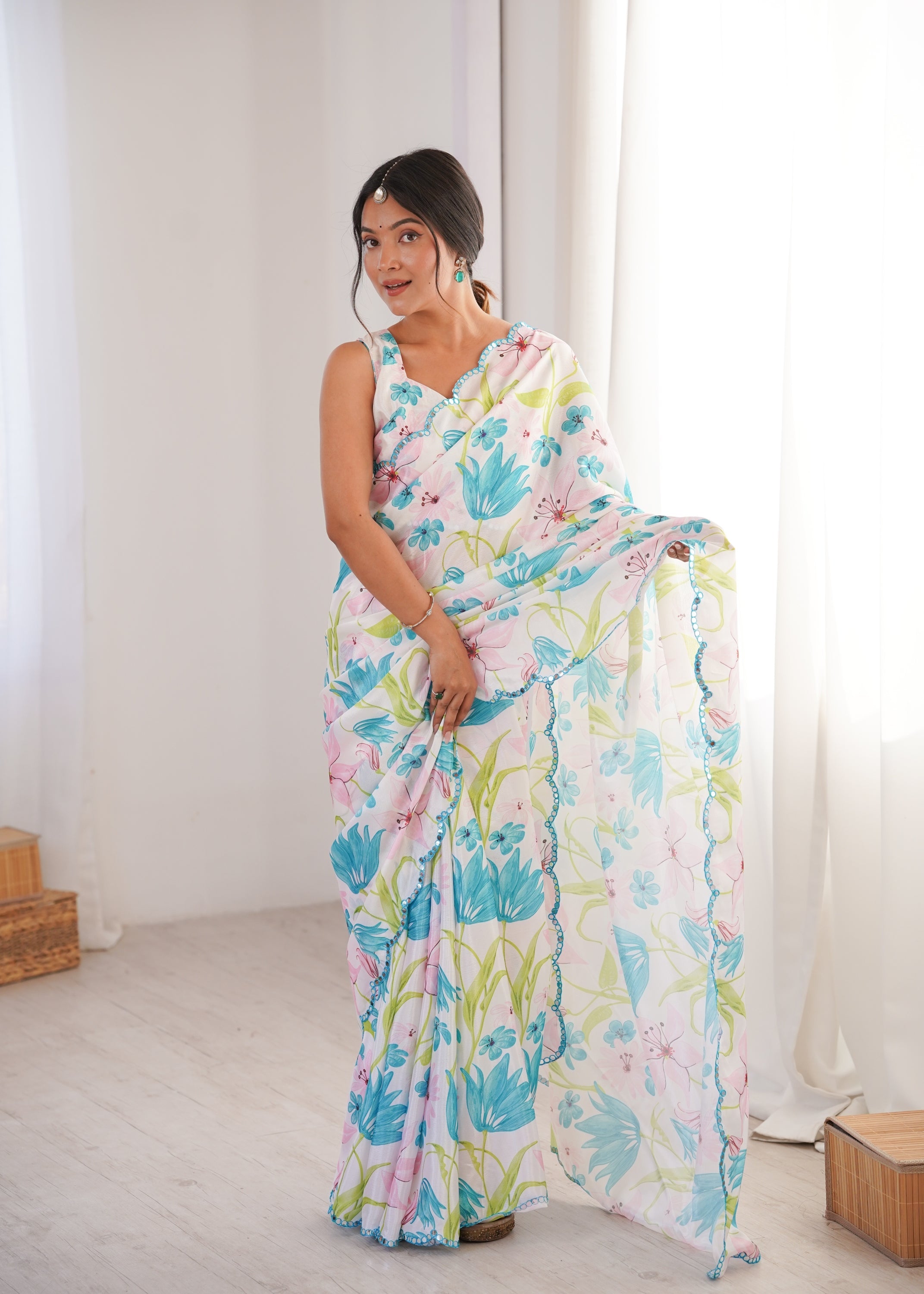 Jyoti Fashion Women's Multicolor Chinon Digital Printed Designer Saree with Blouse - Distacart