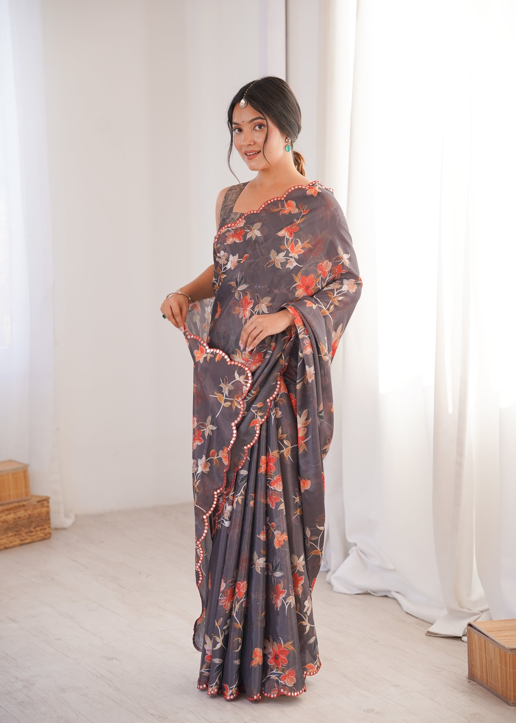Jyoti Fashion Women's Multicolor Chinon Digital Printed Designer Saree with Blouse - Distacart