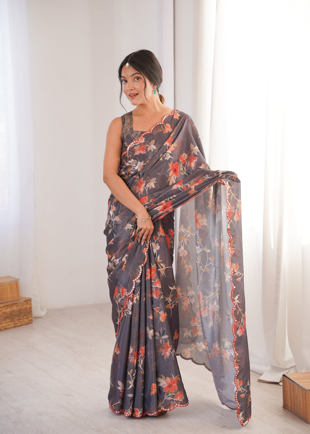 Jyoti Fashion Women's Multicolor Chinon Digital Printed Designer Saree with Blouse - Distacart