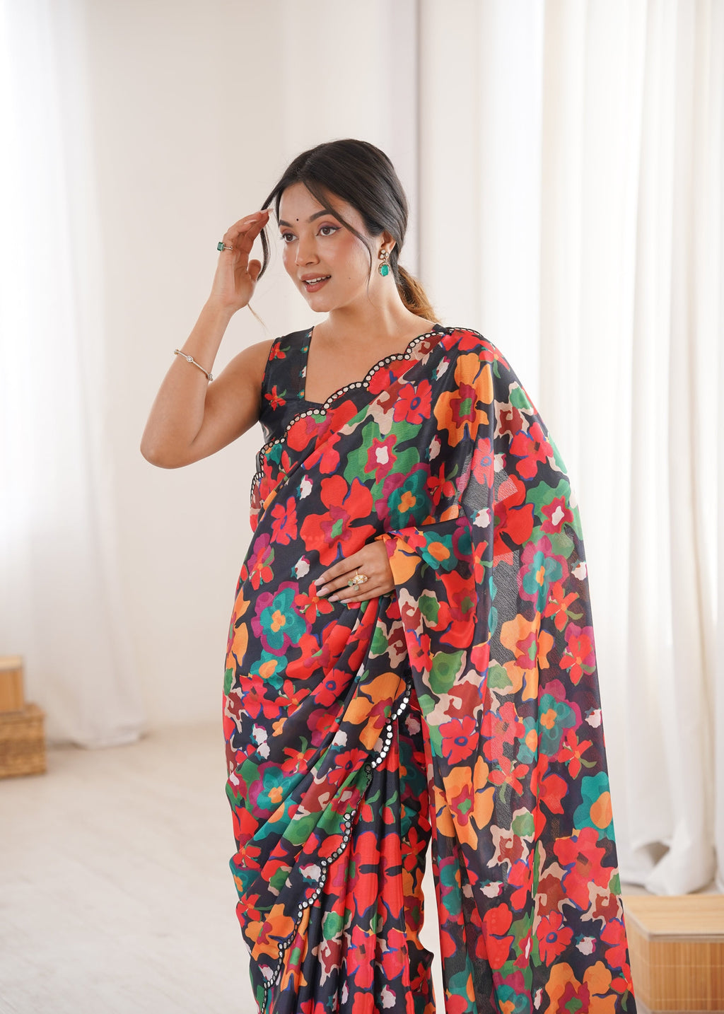 Jyoti Fashion Women's Multicolor Chinon Digital Printed Designer Saree with Blouse - Distacart