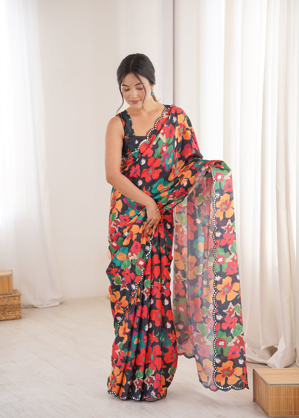 Jyoti Fashion Women's Multicolor Chinon Digital Printed Designer Saree with Blouse - Distacart