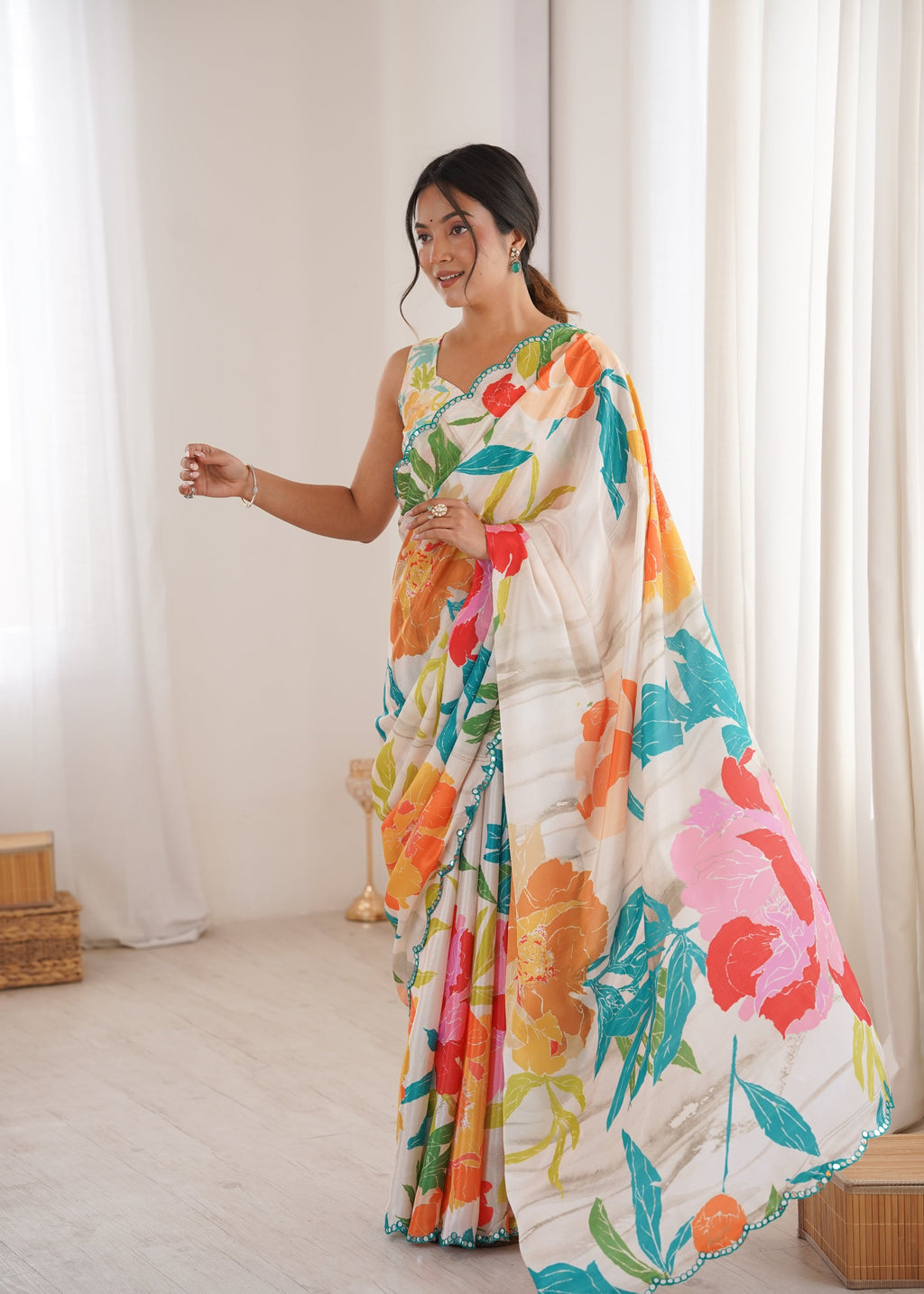Jyoti Fashion Women's Multicolor Chinon Digital Printed Designer Saree with Blouse - Distacart