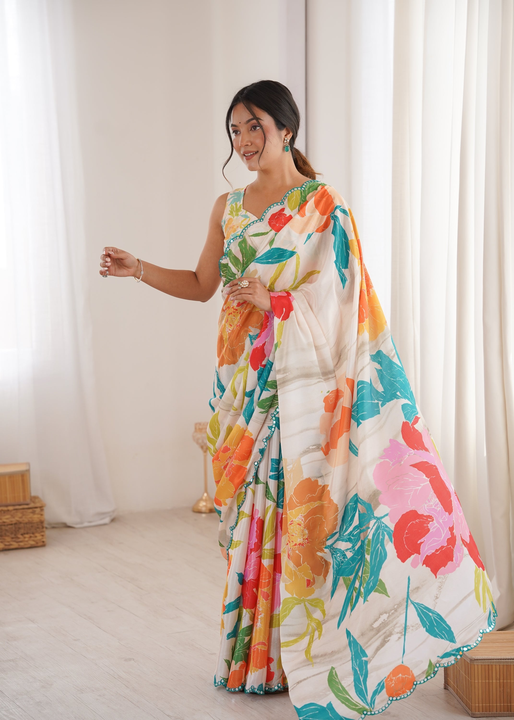 Jyoti Fashion Women's Multicolor Chinon Digital Printed Designer Saree with Blouse - Distacart