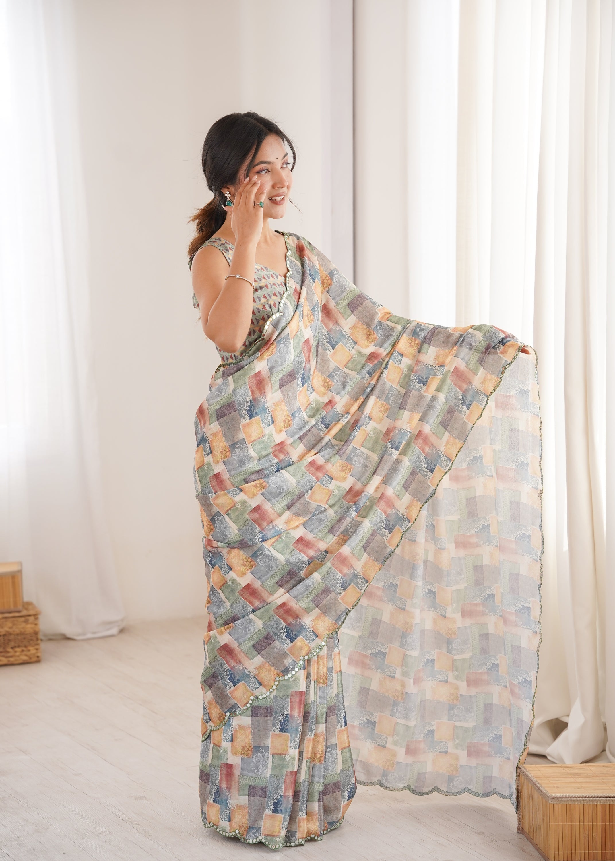 Jyoti Fashion Women's Multicolor Chinon Digital Printed Designer Saree with Blouse - Distacart