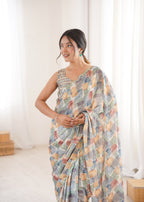 Jyoti Fashion Women's Multicolor Chinon Digital Printed Designer Saree with Blouse - Distacart