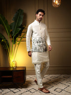 Jyoti Fashion Men's Bottle Green Slub Silk Sequins Embroidered Kurta Set with Koti
