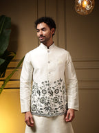 Jyoti Fashion Men's Bottle Green Slub Silk Sequins Embroidered Kurta Set with Koti