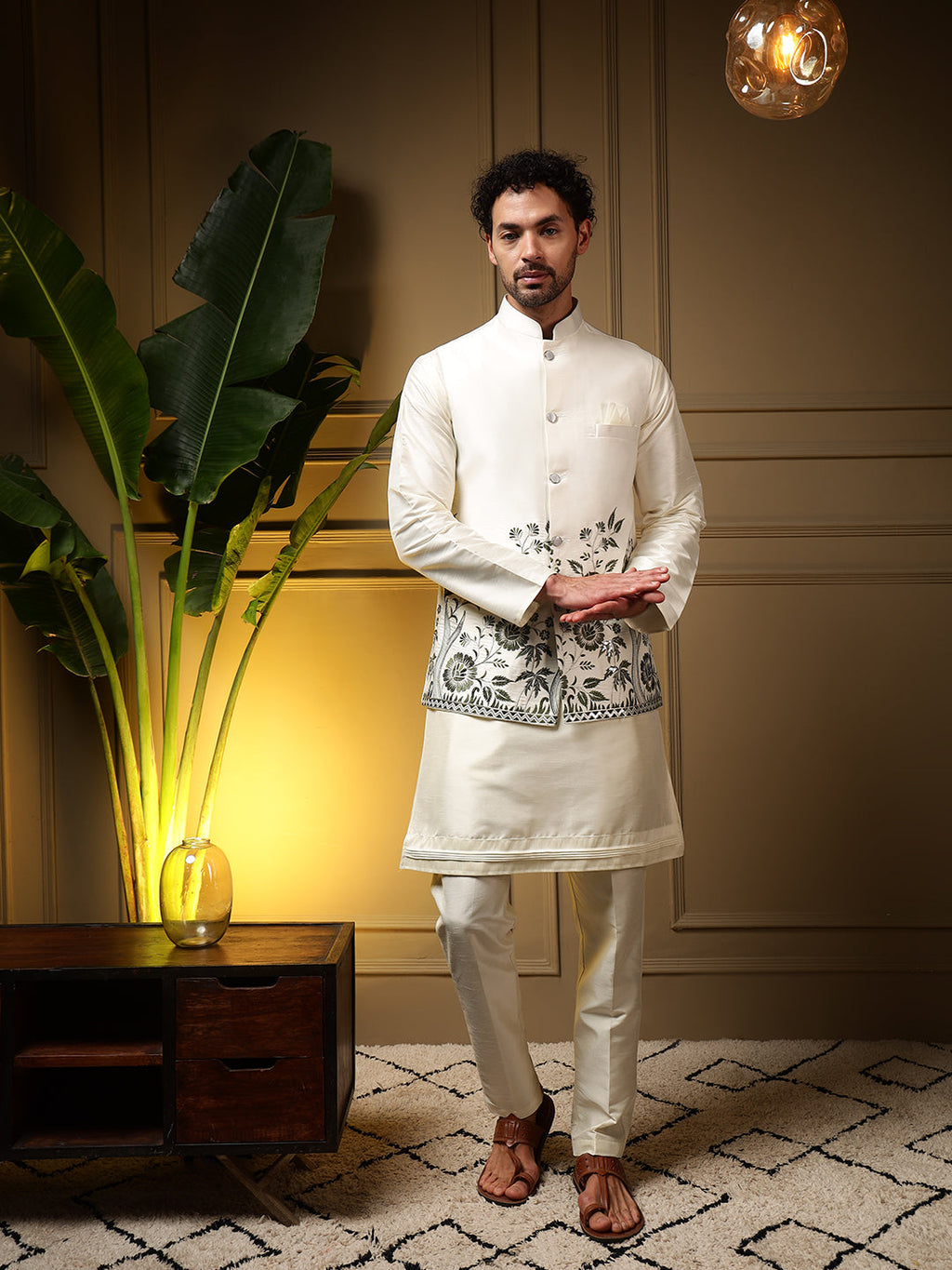 Jyoti Fashion Men's Bottle Green Slub Silk Sequins Embroidered Kurta Set with Koti