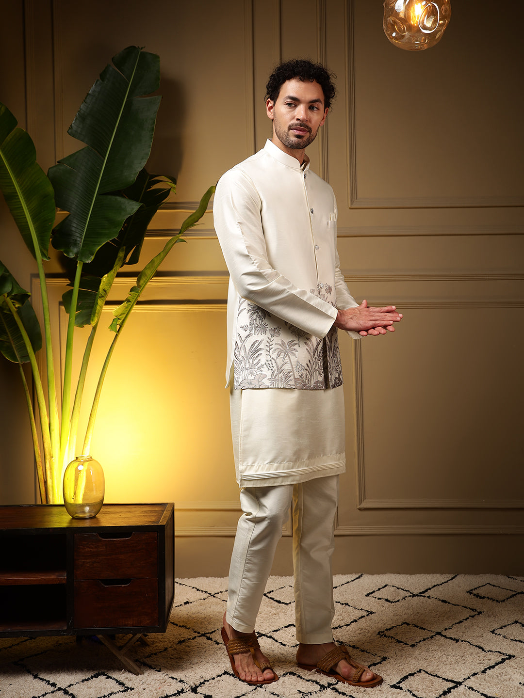 Jyoti Fashion Men's Grey Slub Silk Sequins Embroidered Kurta Set with Koti