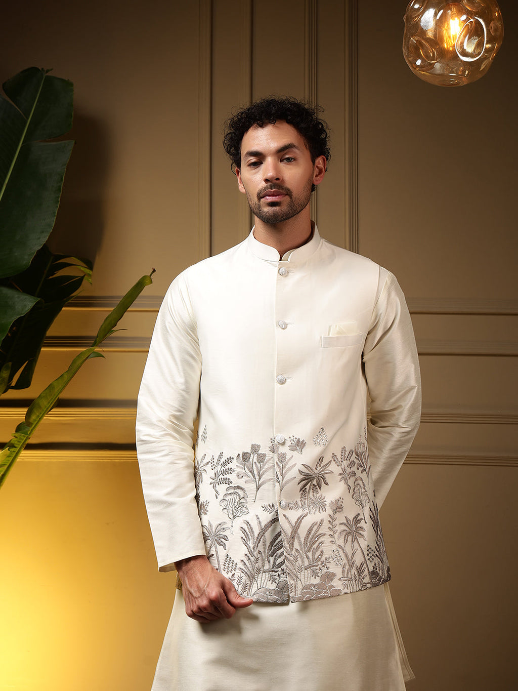 Jyoti Fashion Men's Grey Slub Silk Sequins Embroidered Kurta Set with Koti