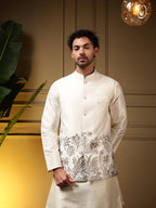 Jyoti Fashion Men's Grey Slub Silk Sequins Embroidered Kurta Set with Koti