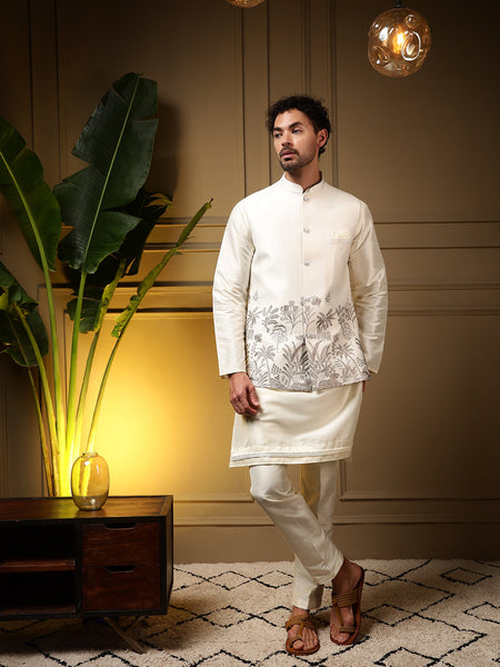 Jyoti Fashion Men's Grey Slub Silk Sequins Embroidered Kurta Set with Koti