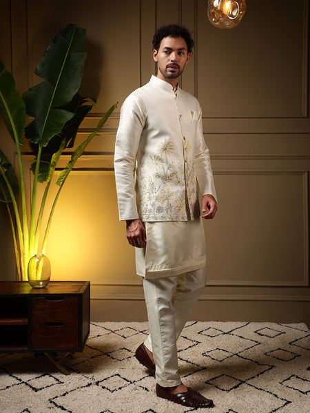 Jyoti Fashion Men's Yellow Slub Silk Sequins Embroidered Kurta Set with Koti