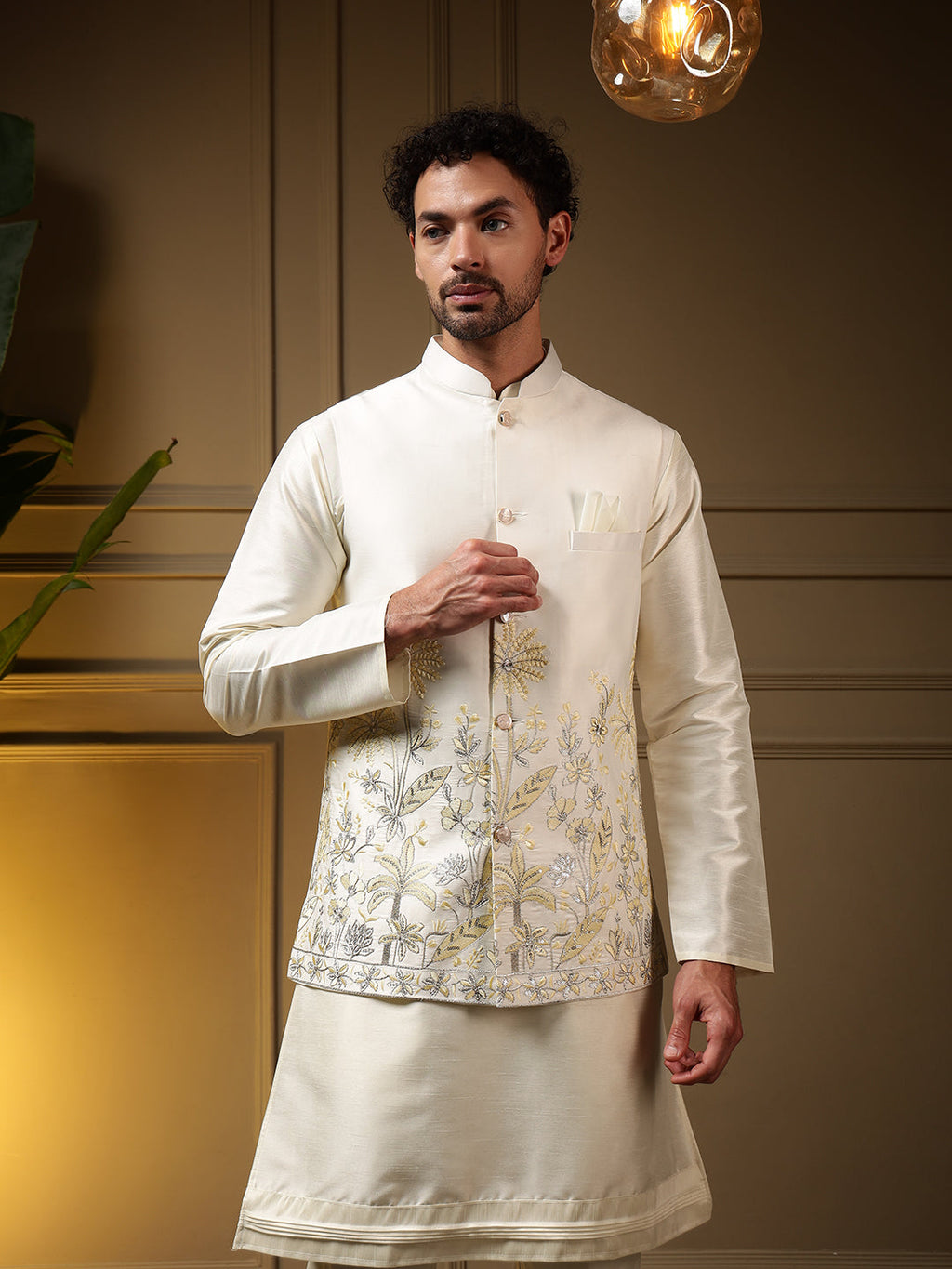 Jyoti Fashion Men's Yellow Slub Silk Sequins Embroidered Kurta Set with Koti