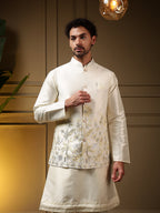 Jyoti Fashion Men's Yellow Slub Silk Sequins Embroidered Kurta Set with Koti