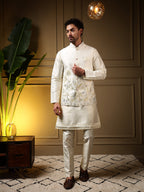 Jyoti Fashion Men's Yellow Slub Silk Sequins Embroidered Kurta Set with Koti