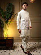 Jyoti Fashion Men's Pink Slub Silk Sequins Embroidered Kurta Set with Koti