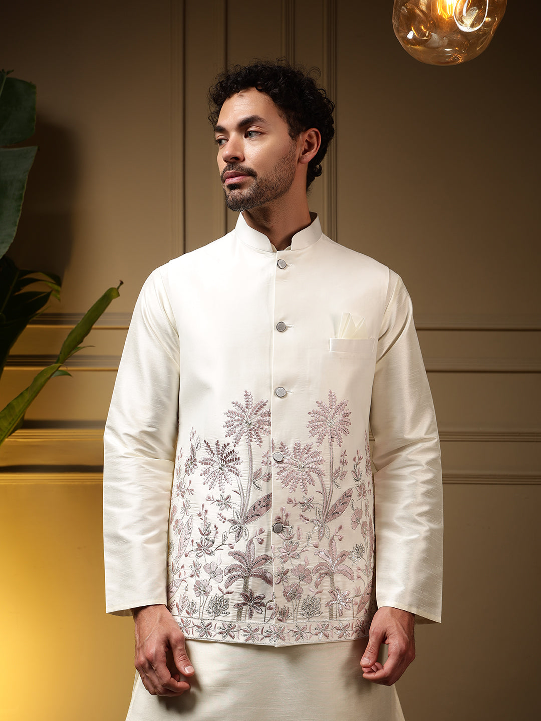 Jyoti Fashion Men's Pink Slub Silk Sequins Embroidered Kurta Set with Koti