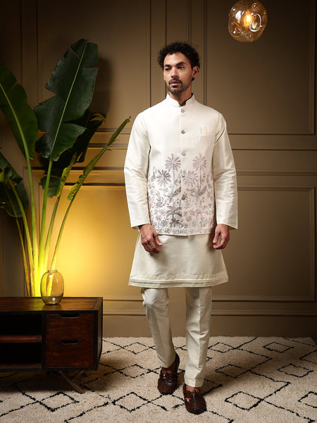 Jyoti Fashion Men's Pink Slub Silk Sequins Embroidered Kurta Set with Koti