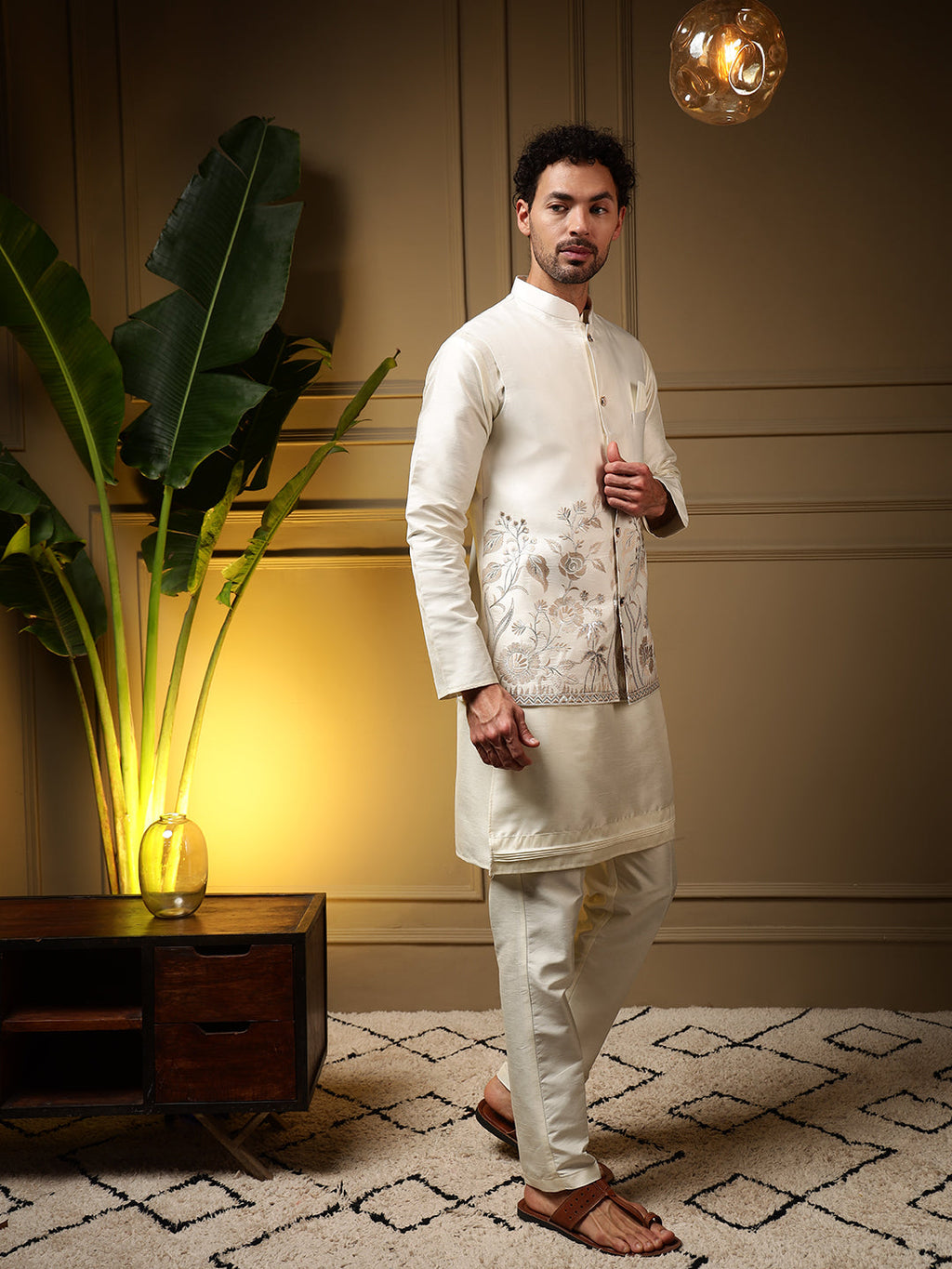 Jyoti Fashion Men's Peach Slub Silk Sequins Embroidered Kurta Set with Koti