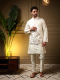 Jyoti Fashion Men's Peach Slub Silk Sequins Embroidered Kurta Set with Koti