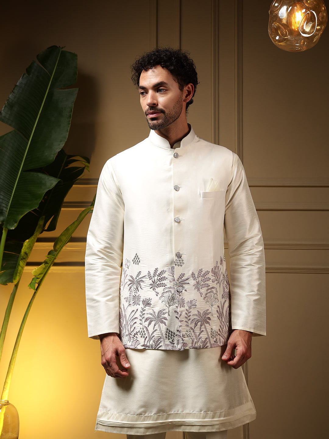 Jyoti Fashion Men's Purple Slub Silk Sequins Embroidered Kurta Set with Koti