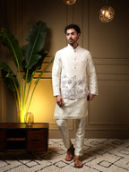 Jyoti Fashion Men's Purple Slub Silk Sequins Embroidered Kurta Set with Koti