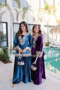 Jyoti Fashion Rama & Purple ICE Velvet Embroidered Designer Combo Kurta Set with Batwa - Distacart