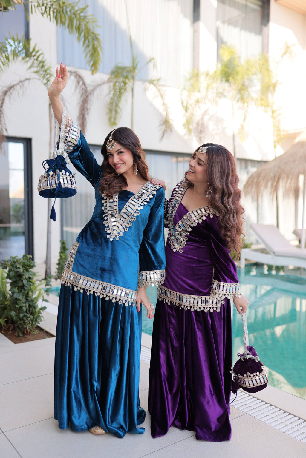 Jyoti Fashion Rama & Purple ICE Velvet Embroidered Designer Combo Kurta Set with Batwa - Distacart