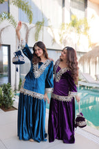 Jyoti Fashion Rama & Purple ICE Velvet Embroidered Designer Combo Kurta Set with Batwa - Distacart