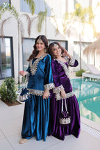 Jyoti Fashion Rama & Purple ICE Velvet Embroidered Designer Combo Kurta Set with Batwa - Distacart