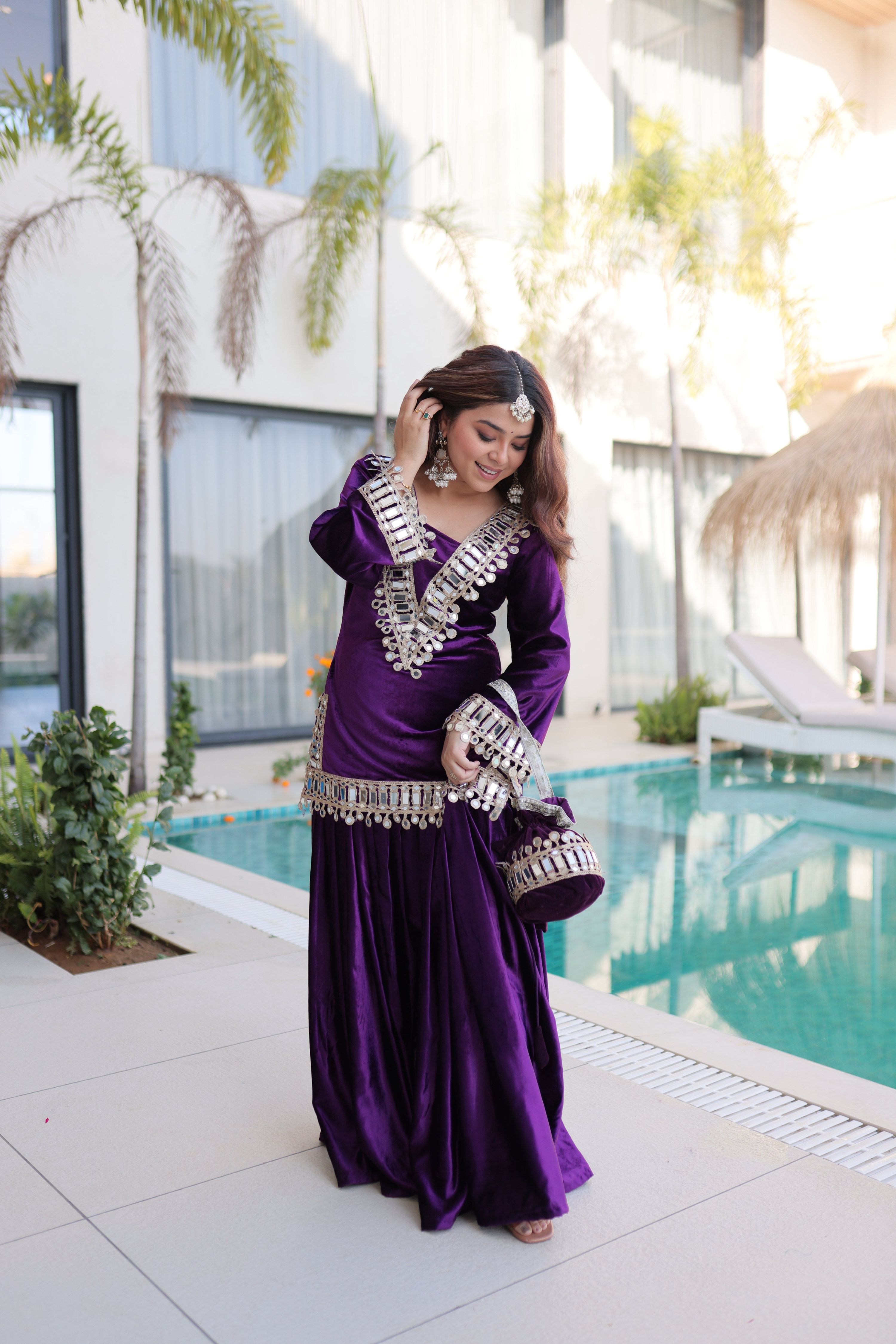 Jyoti Fashion Purple ICE Velvet Embroidered Designer Kurta Set with Batwa - Distacart